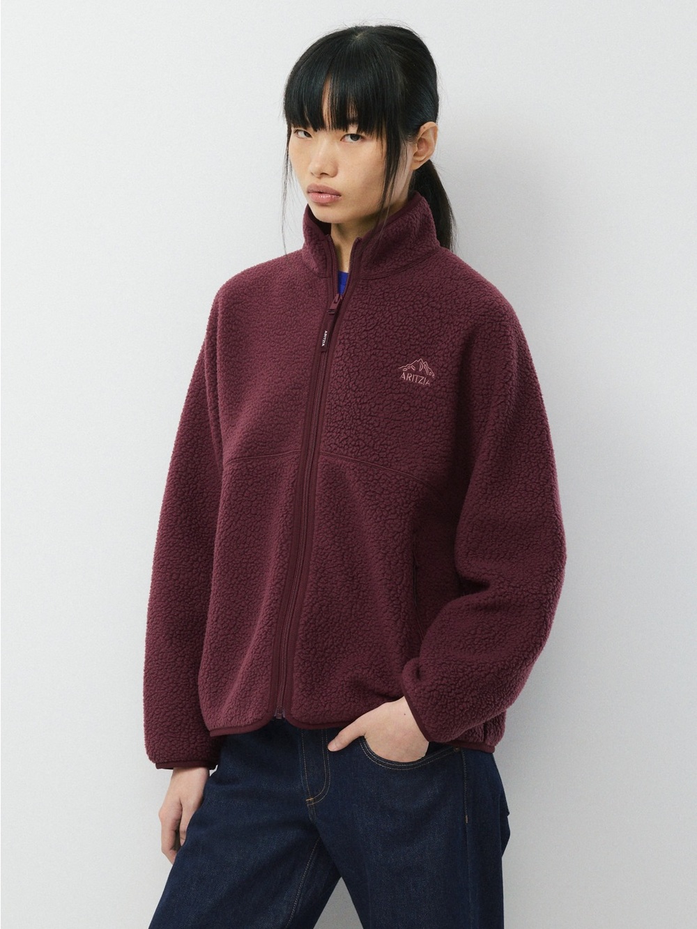 Aritzia TNA Burgundy Fleece Zip-Up Jacket